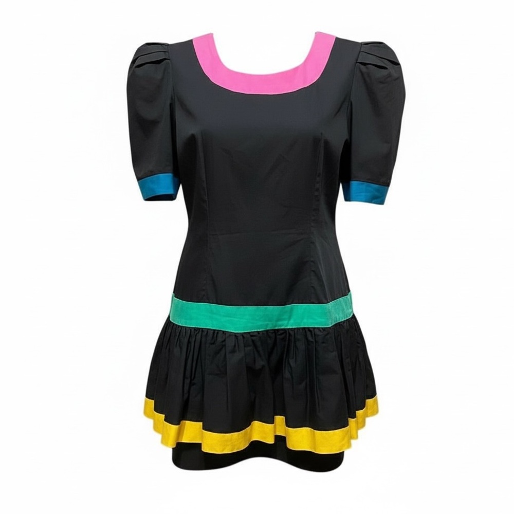 Vintage 80s Leslie Lucks Colorblock Fit Flare Mini Party Dress